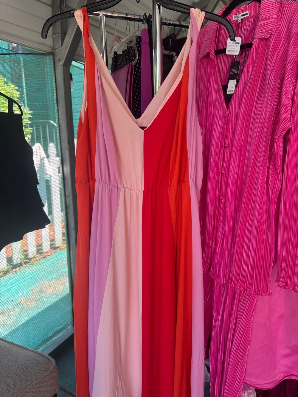 Eloquii Colorblock V-Neck Sleeveless Maxi Dress in Pink, Red, Coral